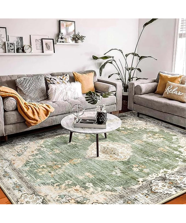 MUJOO Green Rug 8'x10' Area Rugs for Living Room Washable Rugs Large Area Rug Boho Area Rug 8'x10' for Bedroom Non Slip Abstract Soft Low-Pile Floral Flowers