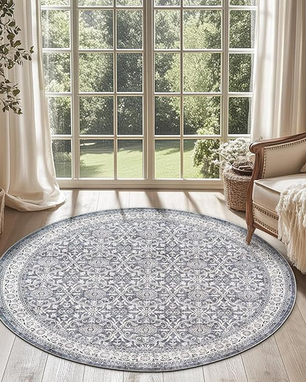 jinchan Round Rug 4ft Washable Circle Soft Rug - Low Pile Vintage 4'Round Indoor Grey Floral Print Stain Resistant Boho Carpet Ultra-Thin Non-Slip for Entryway Nursery Bedroom Dining Room Kitchen