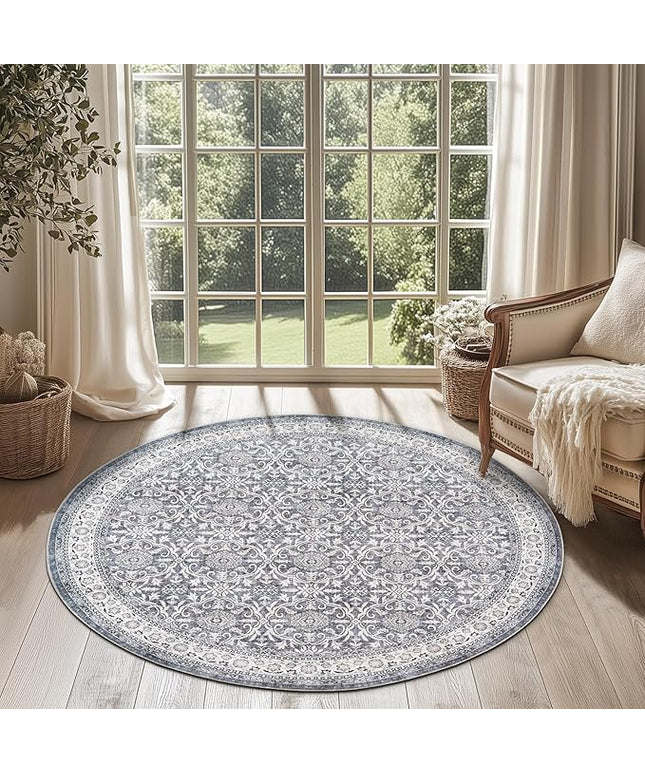 jinchan Round Rug 4ft Washable Circle Soft Rug - Low Pile Vintage 4'Round Indoor Grey Floral Print Stain Resistant Boho Carpet Ultra-Thin Non-Slip for Entryway Nursery Bedroom Dining Room Kitchen