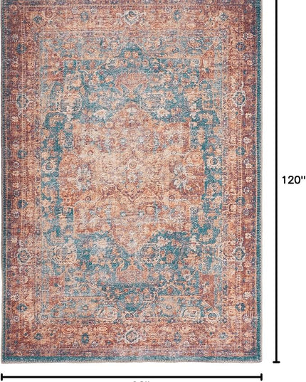 GLN Rugs Traditional Collection - Machine Washable Area Rug, Traditional Washable, Non Slip, Low Pile Chenille Rug, Living Room, Bedroom, Kitchen Rug (7'10"x10' Terra/Green)