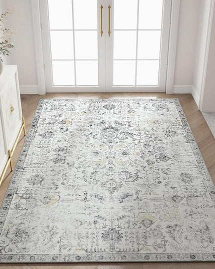 jinchan Kalen Area Rug 4x6 Washable Bedroom Rug Soft Vintage Indoor Thin Retro Distressed Floor Cover Grey Floral Country Boho Non Slip Carpet Living Room Kitchen Office Dining Room