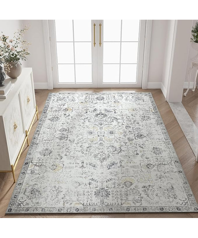 jinchan Kalen Area Rug 3x5 Washable Entryway Rug Soft Door Mat Vintage Indoor Entrance Thin Retro Distressed Carpet Grey Floral Country Boho Non Slip Doormat Bathroom Kitchen Bedroom