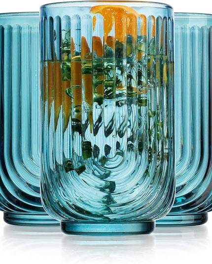 Glaver's Vintage Glassware Art Deco Glasse Ribbed Drinking Glasses U-Shape Arch Design Colored Cocktail Kitchen Tumblers Everyday Dinner Decorative Party, Blue (Blue S/4 17oz)