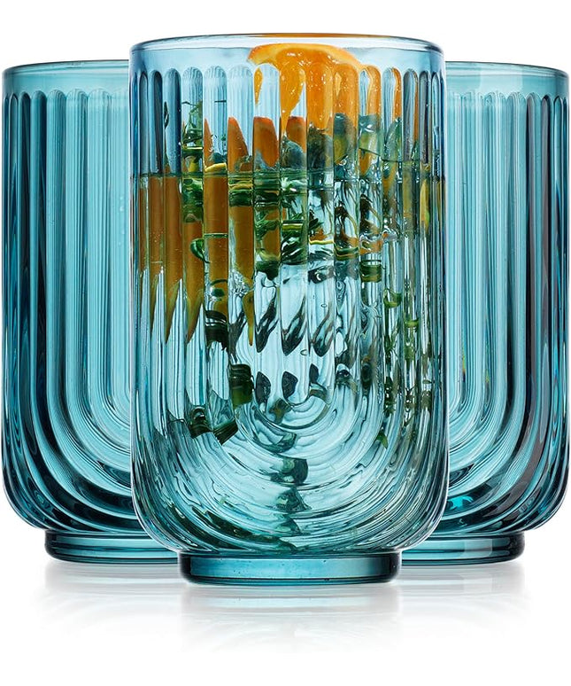 Glaver's Vintage Glassware Art Deco Glasse Ribbed Drinking Glasses U-Shape Arch Design Colored Cocktail Kitchen Tumblers Everyday Dinner Decorative Party, Blue (Blue S/4 17oz)