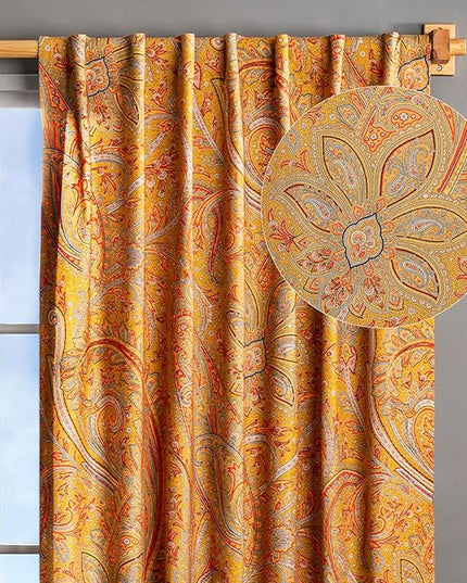 Maison d' Hermine Curtains for Living Room 100% Cotton 84 inch Length One Panel Light Filtering Curtains for Bedroom Windows with Rod and Loop Pockets Drapes (Kashmir Paisley Gold, 50" W x 84" L)