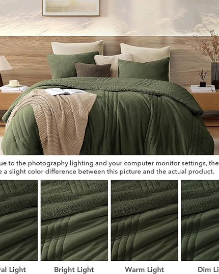 Monbix Fluffy Queen Comforter Set Olive Green, Sherpa Plush Fuzzy Comforter 3 Piece for Queen Size Bed, Luxury Soft Winter Warm Bedding Set