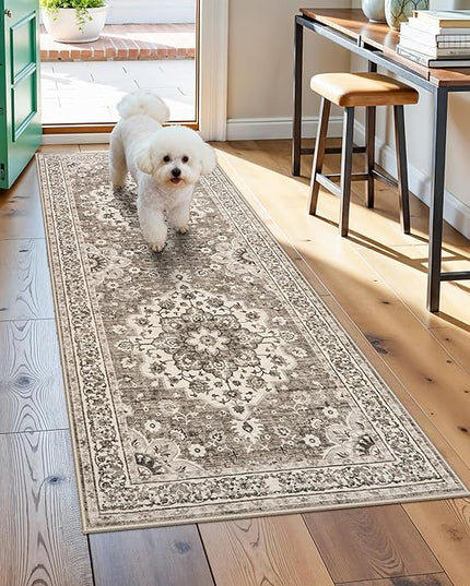 Washable Entryway 2x5 Rug - Small Throw Runners for Kitchen Bathroom Bedroom Non-Slip Ultra-Thin Indoor Door Mat Indoor Entrance - Stain Resistant Vintage Home Decor (Beige, 2X5)
