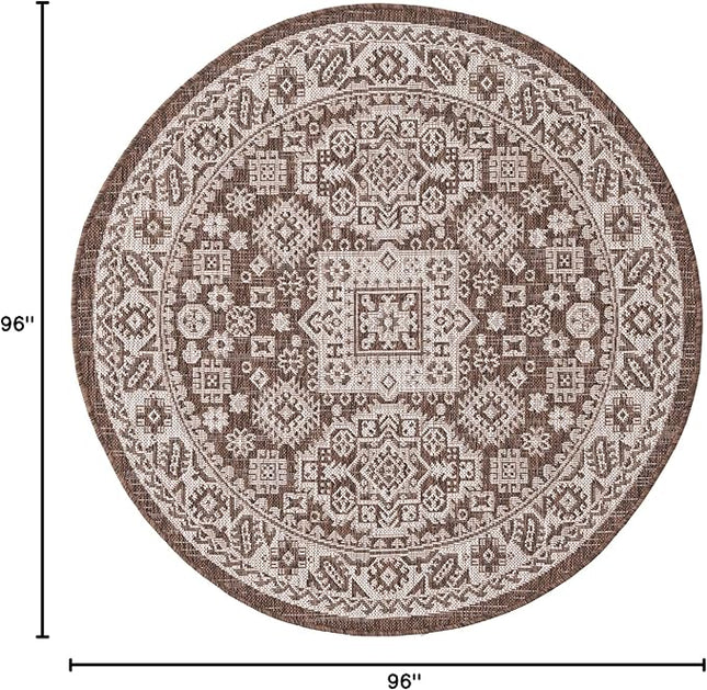 Rugs.com Outdoor Aztec Collection Rug – 4 Ft Round Brown Flatweave Rug Perfect for Kitchens, Dining Rooms