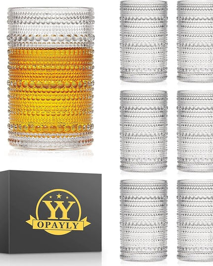 hobnail drinking glasses Highball Glasses Set of 6 12oZ Embossed Vintage Drinking Water Cocktail Whiskey Beverages Juice Milk Soda Gift for Men Women-Fathers Day Gift