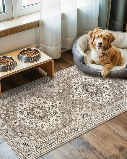 2x4 Oriental Entry Rug - Washable Area Rugs for Kitchen Bathroom Non-Slip Ultra-Thin Indoor Door Mat Indoor Entrance - Stain Resistant Small Throw Carpet (Beige, 2X4)