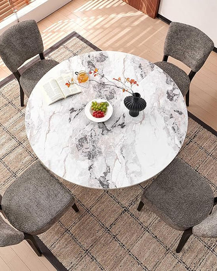 Howtek Round Dining Set for 4, 47-Inch Faux White Marble Wood Kitchen Table with 4 Gray Stackable Upholstered Dining Chairs, Dining Room Table and Chairs Set for Kitchen, Living Room