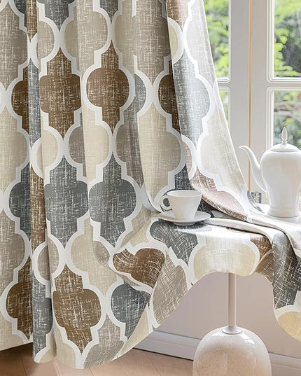 Beauoop 100% Blackout Curtains 84 Inches Long 2 Panels for Bedroom Living Room Brown Grey Moroccan Geo Room Darkening Thermal Insulated Soundproof Grommet Top Window Treatments Drapes, 50x84 Set of 2