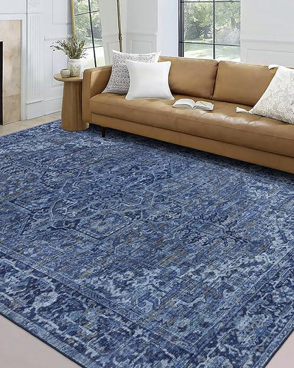 ReaLife Rugs Machine Washable Area Rug - Living Room Bedroom Bathroom Kitchen Entryway Office - Padded Low Pile Stain Resistant Premium - Boho Vintage Traditional - Lyle - Blue 7'6" x 9'6"