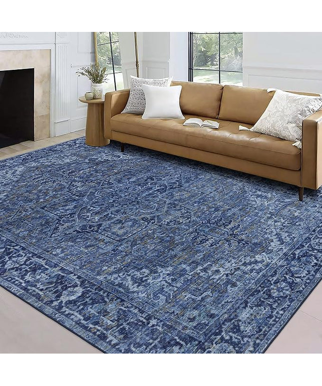 ReaLife Rugs Machine Washable Area Rug - Living Room Bedroom Bathroom Kitchen Entryway Office - Padded Low Pile Stain Resistant Premium - Boho Vintage Traditional - Lyle - Blue 7'6" x 9'6"