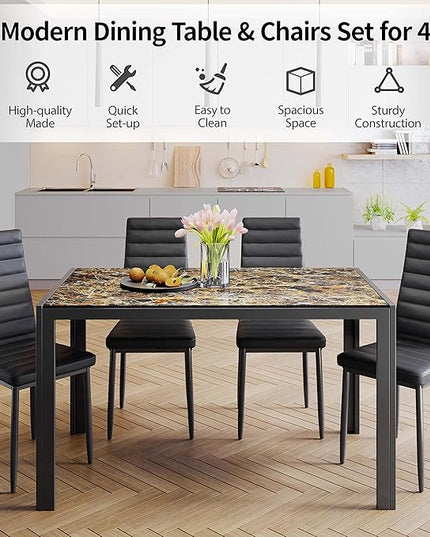 Gizoon 5 Piece Glass Dining Table Set, Kitchen and Chairs for 4, PU Leather Modern Room Sets for Home, Kitchen, Living Room