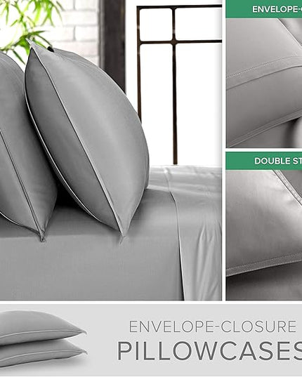 Pure Bamboo Queen Sheets, Genuine 100% Organic Viscose Derived from Bamboo Bed Sheet Set, Luxuriously Soft & Cooling, Double Stitching, 2 Year Quality Promise (Queen, Stone Grey)