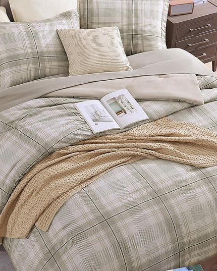 MaiRêve Plaid Twin XL Comforter Set, Khaki Green Grid Bedding Set for Boys & Girls, Classic Checkered Bed in A Bag Comforter Sets with Fitted & Flat Sheet, Pillowcase & Sham 66"x90"