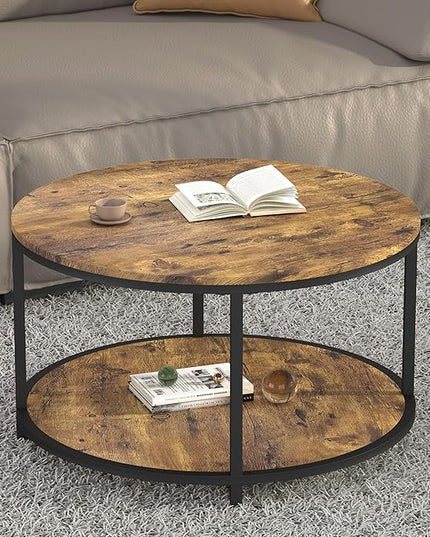 NSdirect Round Coffee Table, 25.6" Small Coffee Table for Living Room,2-Tier Rustic Wood Desktop with Storage Shelf Modern Design Home Furniture(Brown)
