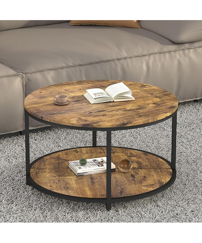 NSdirect Round Coffee Table, 25.6" Small Coffee Table for Living Room,2-Tier Rustic Wood Desktop with Storage Shelf Modern Design Home Furniture(Brown)