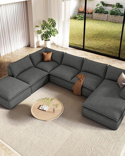 Vesgantti 141.7" Oversized Boneless Sectional Couch, Modern 7 Seater Modular Sofa with Chaise & Ottoman, Deep Seat Corduroy Cloud Couches for Living Room, No Assembly Required, Dark Gray