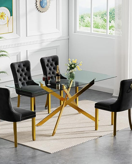 HomVent 5 Piece Rectangular Glass Dining Table Set, Tempered Glass Dinner Table Set for 4 Kitchen Table Set with 4 Velvet Upholstered Chairs for Kitchen Dining Room