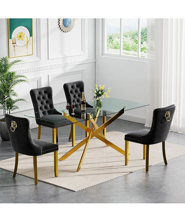 Modern 5-Piece Glass Dining Table Set for 4, Modern 60" Rectangle Gold Glass Dining Room Table Set with Black Velvet Tufted Chairs Wood Legs for Kitchen Dining Room