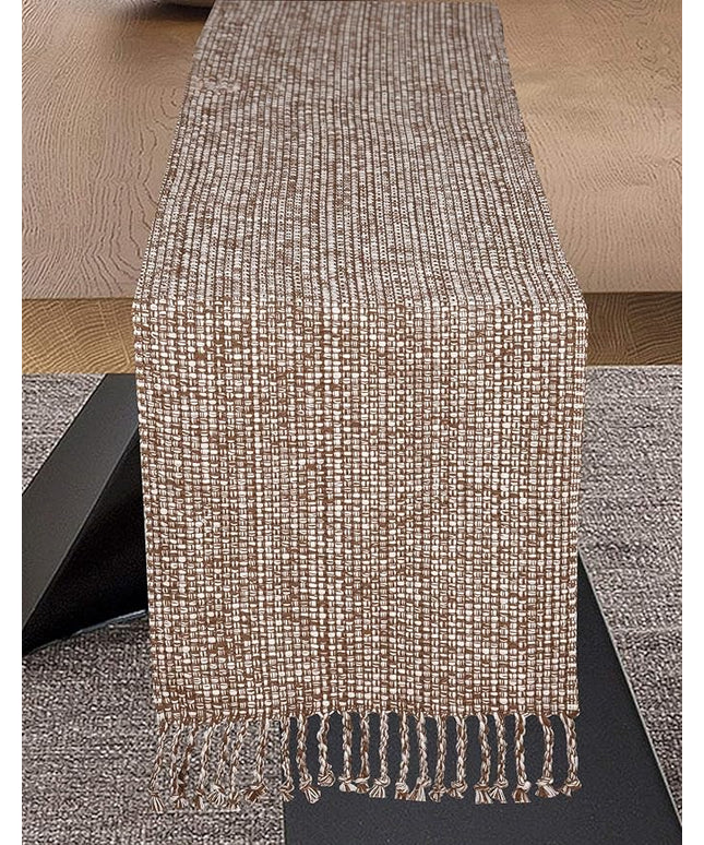 Urban Villa Two Tone Table Runner - 100% Cotton, Brown/Ivory, 14''x72'' with Fringes, Perfect for Kitchen, Dining, BBQs and Everyday Use