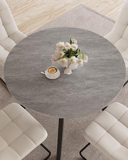 34.6'' Dining Table and Chairs for 4, Mid Century Modern Round Table Set, Space Saving for Apartment Kitchen Dining Room (Grey Table+4 U-Shaped White Chairs)