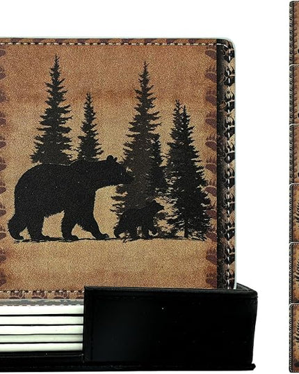 Marble Coasters Square Leather Drinks Coaster Set with Holder for Coffee Table Bar Home Decor 4 Inches Set of 6 (Forest Animals, One Size)