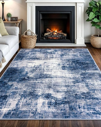 IOHOUZE Abstract Area Rugs 5x7 Ft Washable Rugs for Living Room, Non Slip Dining Room Rug, Printed Faux Wool Rugs for Bedroom, Floor Carpet for Kitchen Nursery Playroom, Navy/Grey
