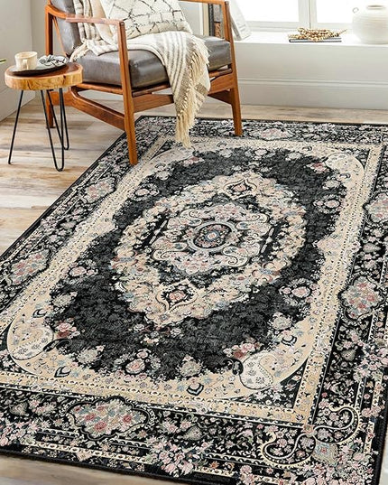 Black Rug 3x5,Washable Area Rugs for Bedroom Living Room Kitchen Entryway,Small Boho Vintage Bohemian Distressed Non Slip Carpet,Floral