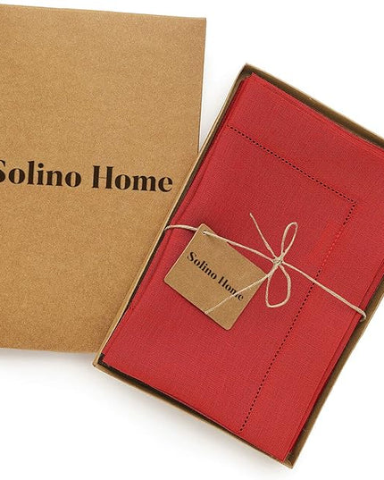 Solino Home Red Linen Napkins Set of 4-100% Pure Linen Hemstitch Dinner Napkins 20 x 20 Inch for Christmas, Holiday, Winter, New Year - Classic Hemstitch