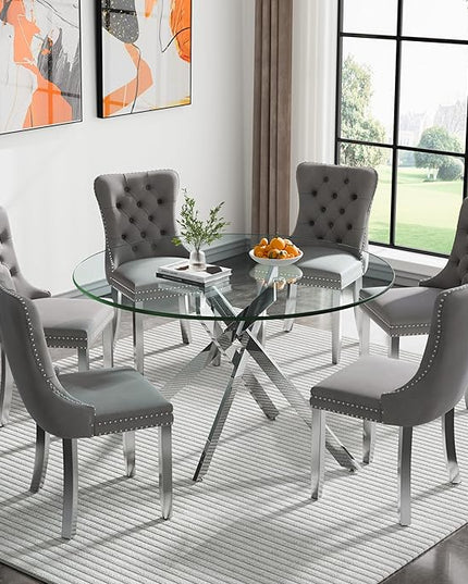 Round Glass Dining Table Set for 6, 47'' Clear Circular Kitchen Table and Chairs Set, 7PCS Modern Circle Dining Room Table Set with 6 Velvet Dining Chair for Home