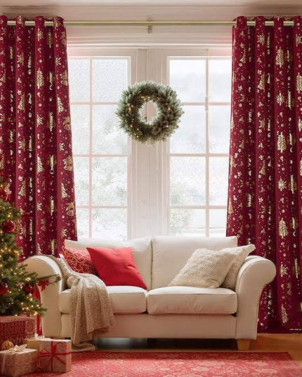 NICETOWN 2 Panels Christmas Red Curtains 52 x 108 Inch, Gold Stamping Grommet Drapes for Holiday Decoration, Christmas Style Window Treatment for Living Room Bedroom, Home Decor