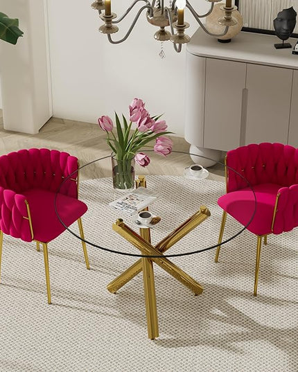 Modern Luxury Round Glass Dining Table Set for 2, 36'' Clear Circle Glass Top Kitchen Table Set, 3 PCS Small Minimalist Circular Dinner Room Set, Rose Red Woven Chair, for Apartment (Golden)
