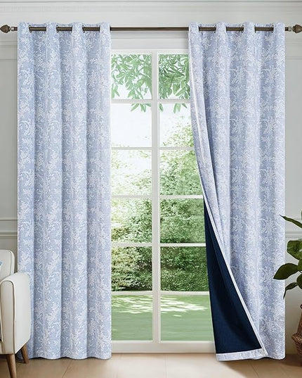 FMFUNCTEX Blue Floral Jacquard Blackout Curtains 63 Inch Length for Bedroom, Scroll Flower Chenille Farmhouse Curtains for Living Room Darkening Thermal Insulated Grommet Window Drapes 2 Panels