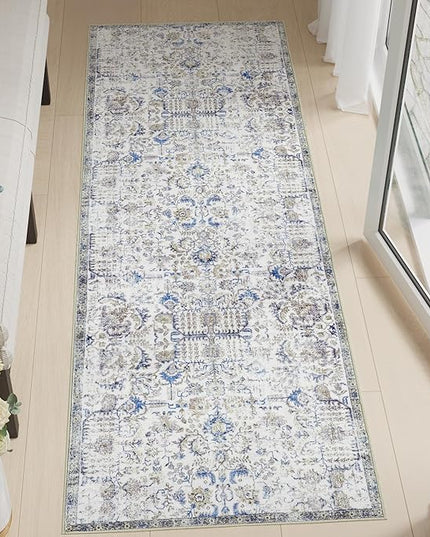 jinchan Kalen Runner Rug 3x8 Washable Area Rug Soft Vintage Indoor Floor Cover Thin Retro Distressed Blue Multi Carpet Floral Print Country Non Slip for Bathroom Kitchen Bedroom Living Room