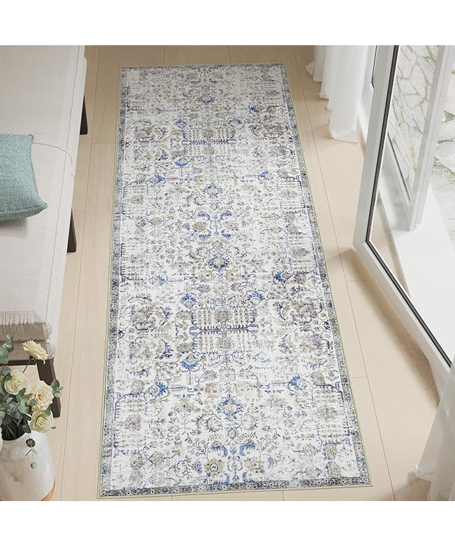 jinchan Kalen Runner Rug 3x8 Washable Area Rug Soft Vintage Indoor Floor Cover Thin Retro Distressed Blue Multi Carpet Floral Print Country Non Slip for Bathroom Kitchen Bedroom Living Room