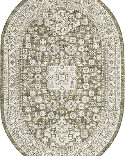 Rugs.com Outdoor Aztec Collection Rug – 5' x 8' Oval Green Flatweave Rug Perfect for Living Rooms, Large Dining Rooms, Open Floorplans