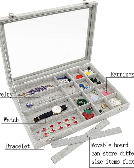 Stratalife Velvet Jewelry Organizer 24 Grid Jewelry Tray with Clear Glass Lid Display Showcase Storage Organizer Box for Earring Necklace Rings Dice Gray (24 Grids)