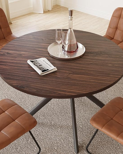 45.3 Inch Modern Round Dining Table for 4, Space-Saving Dinette with Carbon Steel Legs for Home Kitchen Apartment(Dark Walnut Table)