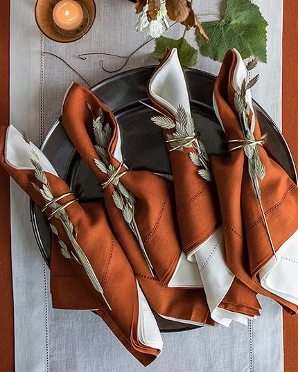 Solino Home Linen Napkins Set of 4 - Classic Hemstitch 100% Pure Linen Cinnamon Dinner Napkins Cloth 20 x 20 Inch for Winter - Handcrafted and Machine Washable