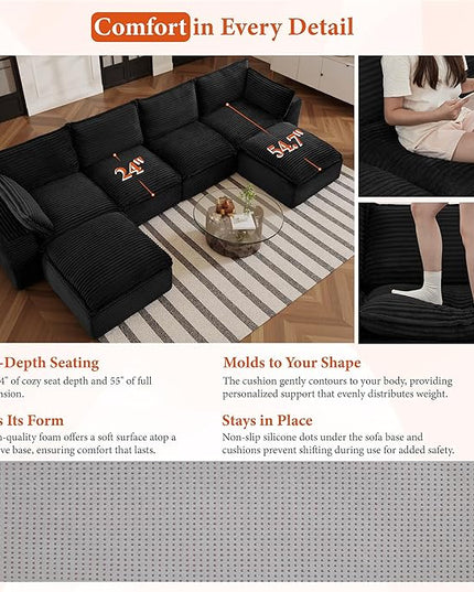 108" Sectional Couches for Living Room Boneless Couch Upholstered Cloud Couch Sectional Modular Sectional Sofa with L Shaped (Corduroy-Black, 4 Seat+2 Ottoman)