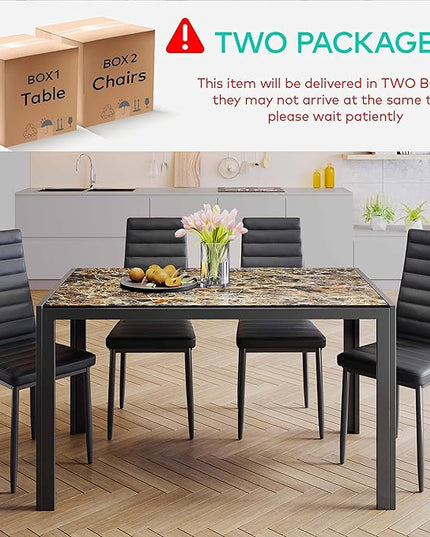 Gizoon 5 Piece Glass Dining Table Set, Kitchen and Chairs for 4, PU Leather Modern Room Sets for Home, Kitchen, Living Room