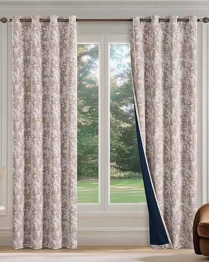 FMFUNCTEX Rust Brown Floral Jacquard Blackout Curtains 108 Inches Long for Bedroom, Scroll Flower Chenille Farmhouse Curtains for Living Room Darkening Thermal Insulated Grommet Window Drapes 2 Panels