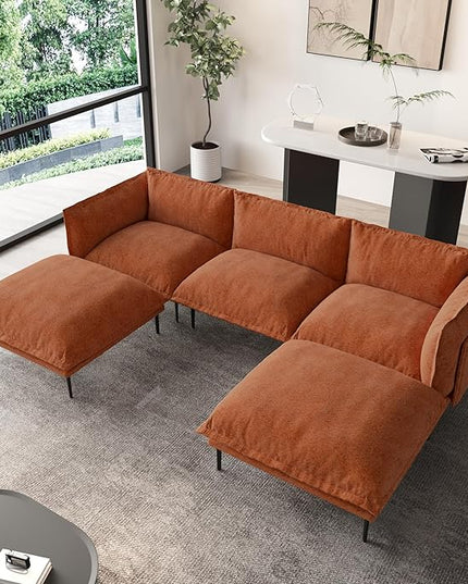 WJShome Velvet Modular Sectional Sofa with Chaise,111" Modern U-Shaped Couch for Living Room, 3-Seater Sofa with 2 Ottomans with Removable Cushions and 8" High Metal Legs, Easy to Clean, Terracotta