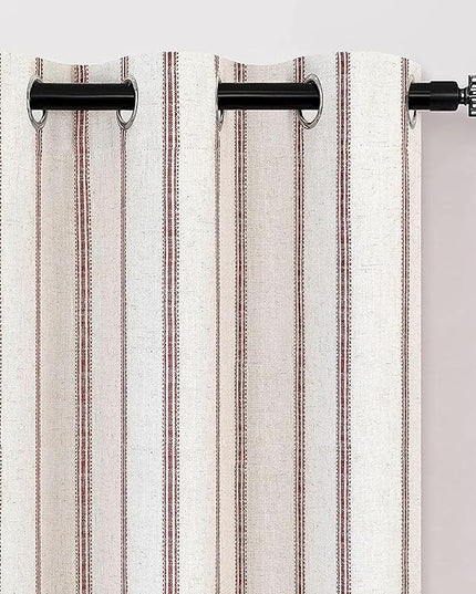 DriftAway Farmhouse Linen Blend Blackout Curtains 36 Inches Long for Bedroom Vertical Striped Printed Linen Curtains Thermal Insulated Lined Treatments for Living Room 2 Panels W52 x L36 Red