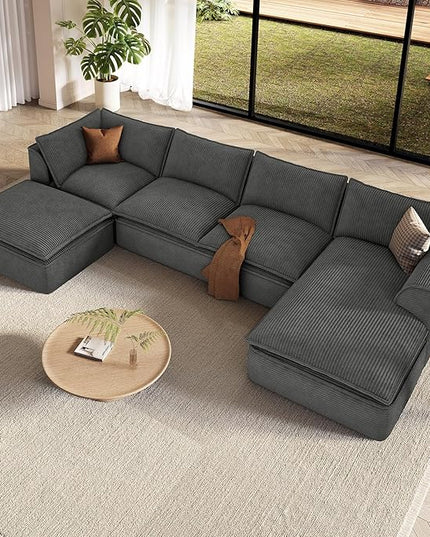 Vesgantti 141.7" U Shaped Boneless Sectional Couch, Modern 6 Seater Modular Sofa with Chaise & Ottoman, Deep Seat Corduroy Cloud Couches for Living Room, No Assembly Required, Dark Gray