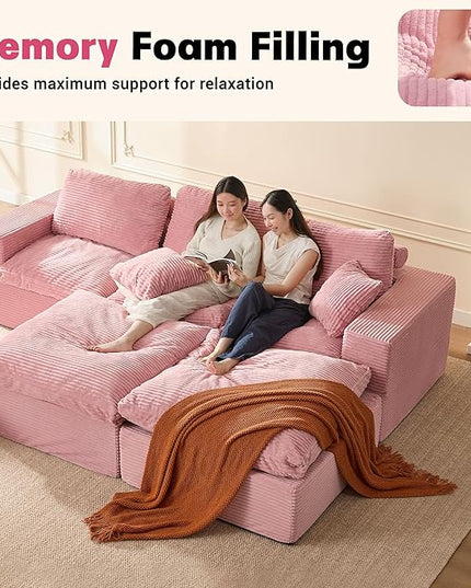 106.3” Sectional Couches for Living Room, Cloud Couch, Modular Sectional Sofa, Convertible Sofas Bed, Deep Seat Sofa, U Shaped Cozy Sofa Furniture Set, Corduroy, Pink