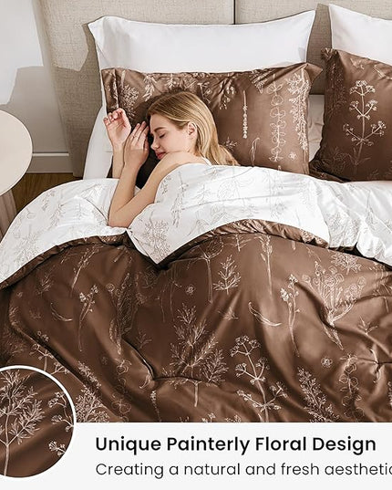 Love's cabin Chocolate Full Comforter Set - Full Size Comforter Set, 3 Pieces Cute Floral Bedding Sets for All Seasons,1 Soft Reversible Botanical Flowers Comforter and 2 Pillow Shams